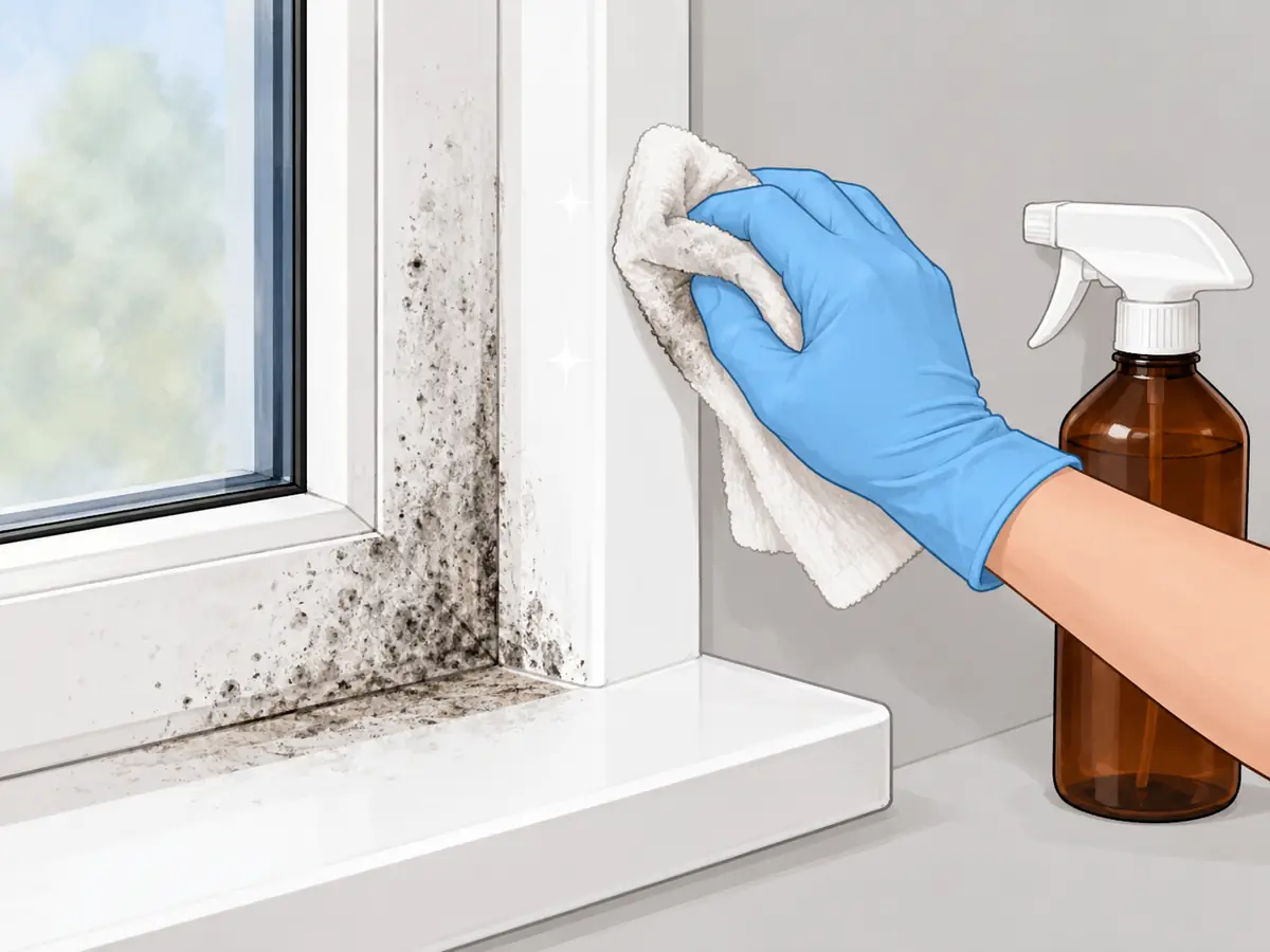 Removing black mold stains from a white uPVC window frame