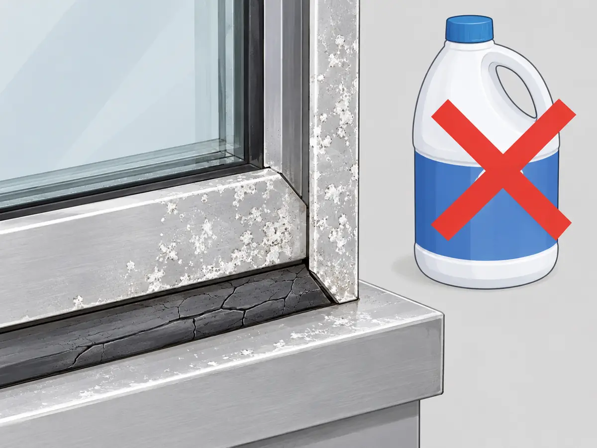 Bleach damage on an aluminum window frame and seal