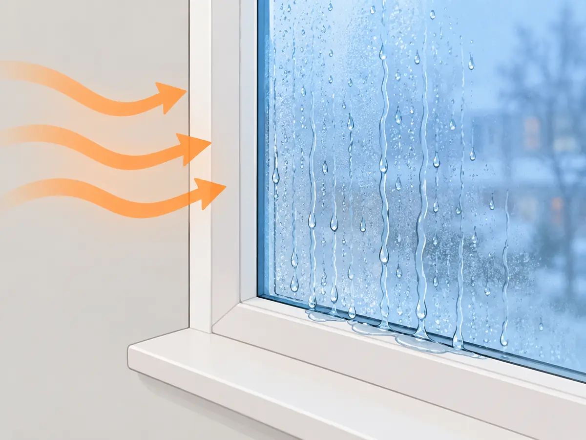 Condensation running down a window onto the frame