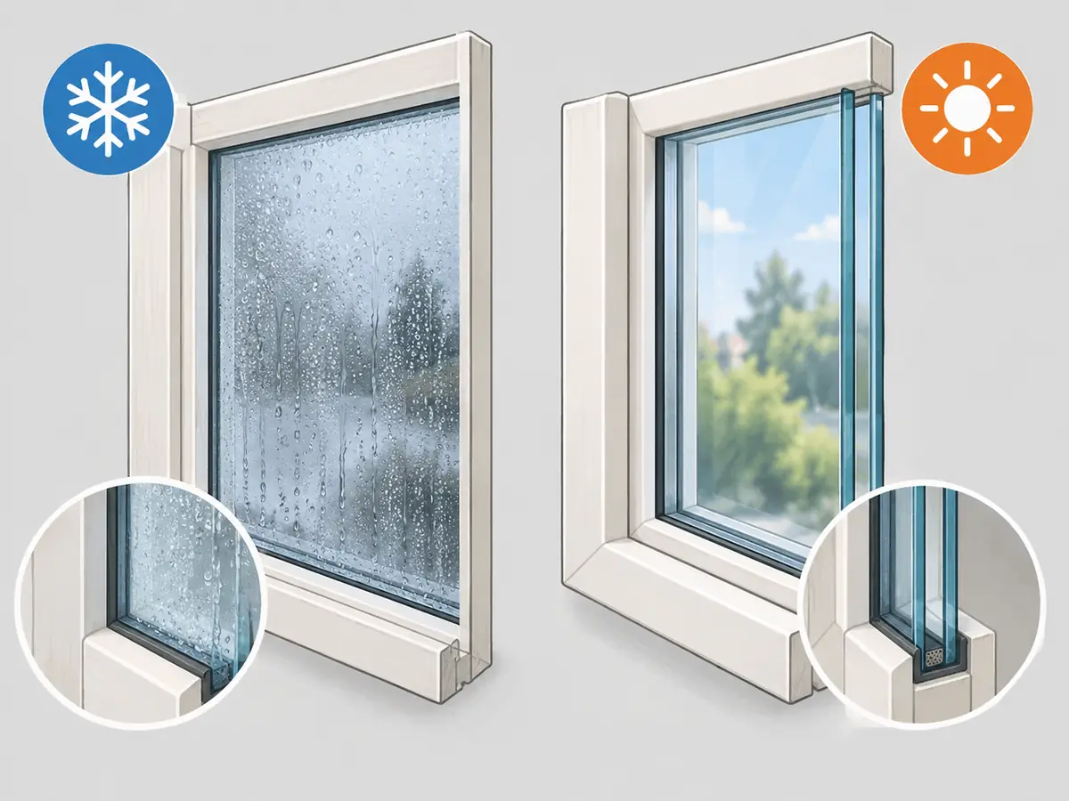 Single pane window with condensation compared with a double glazed window