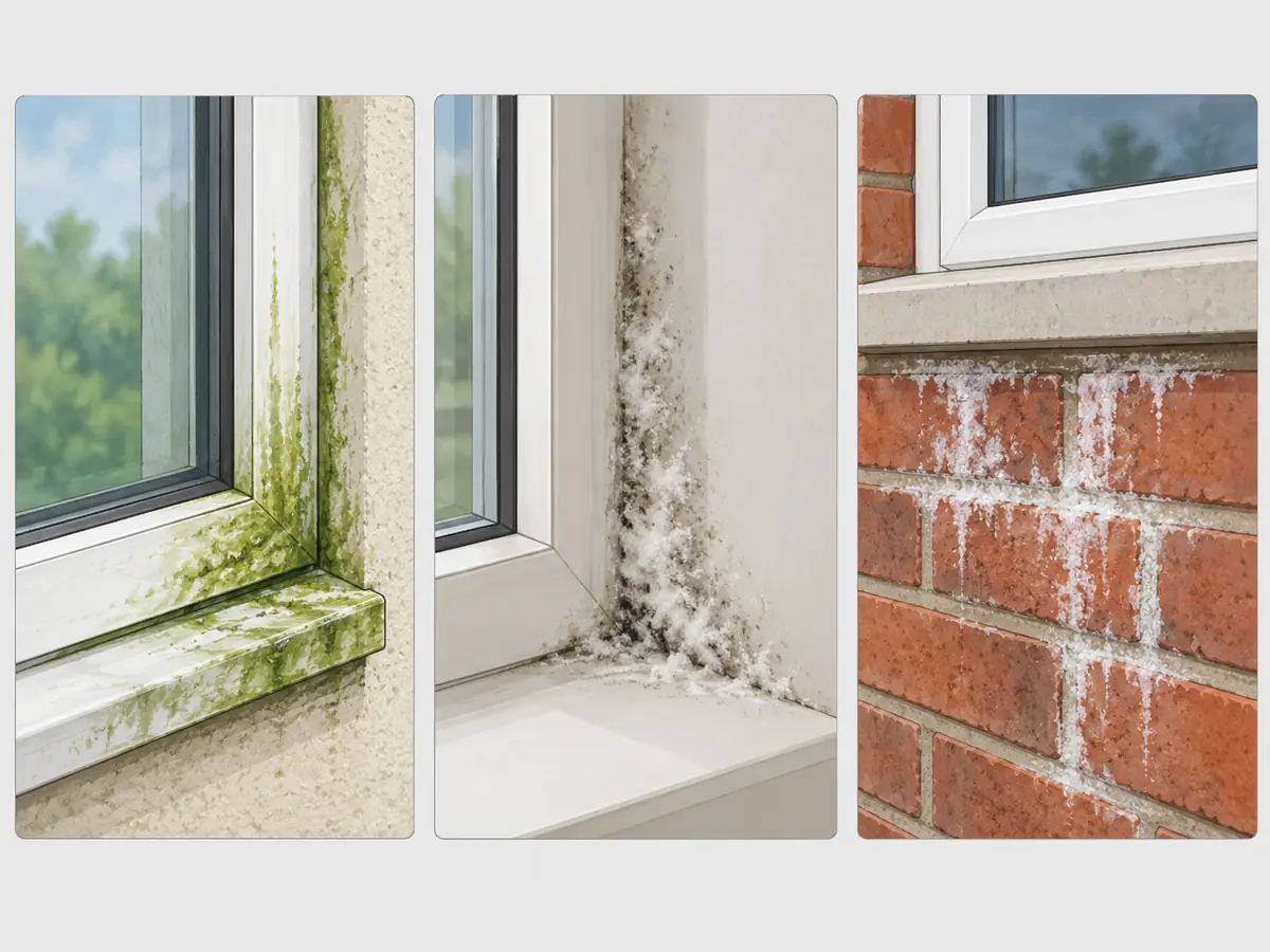 Green algae, white mold and efflorescence around a window frame