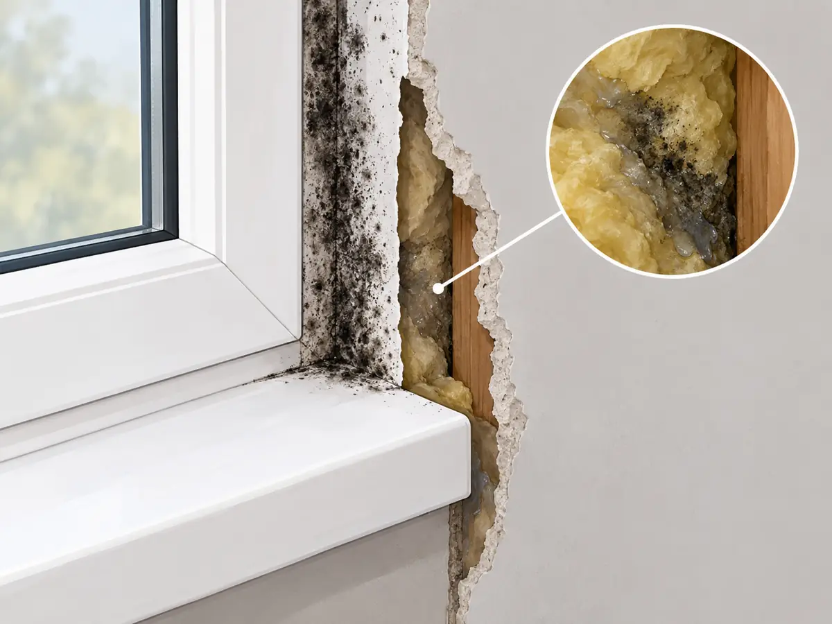 Mold growing in the gap between a window frame and the wall