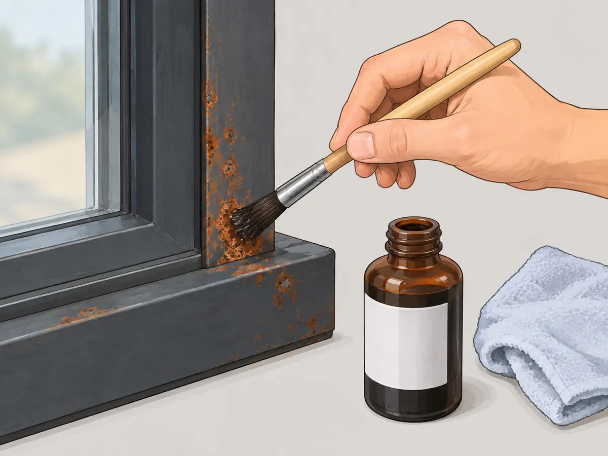 Treating rust on a steel window frame after cleaning mold