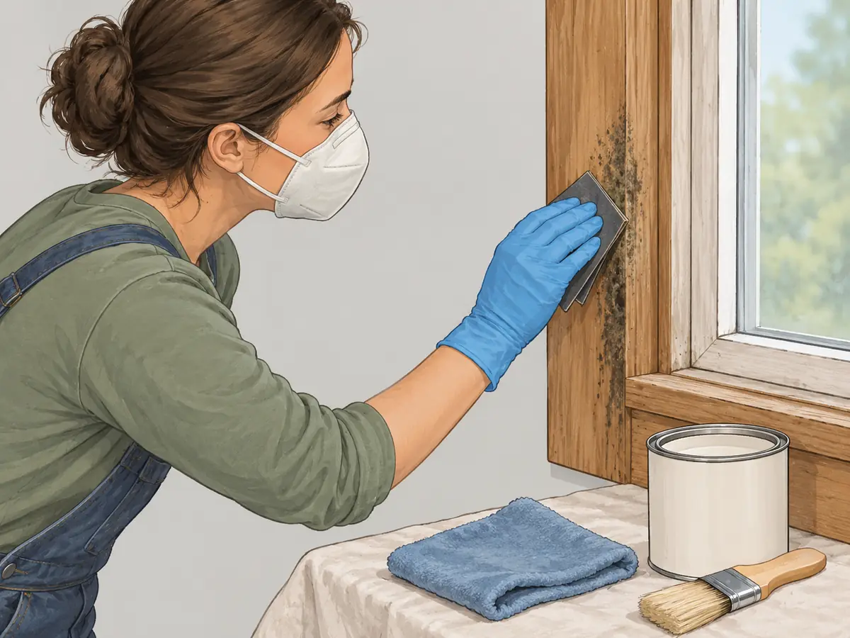 Sanding mold stains from a wooden window sill