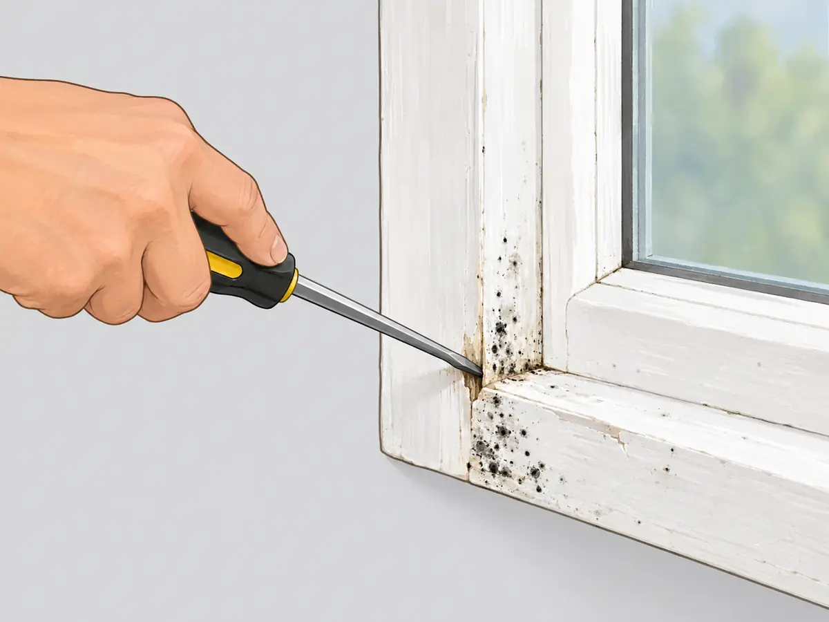 Testing a moldy wooden window frame for soft rot with a screwdriver
