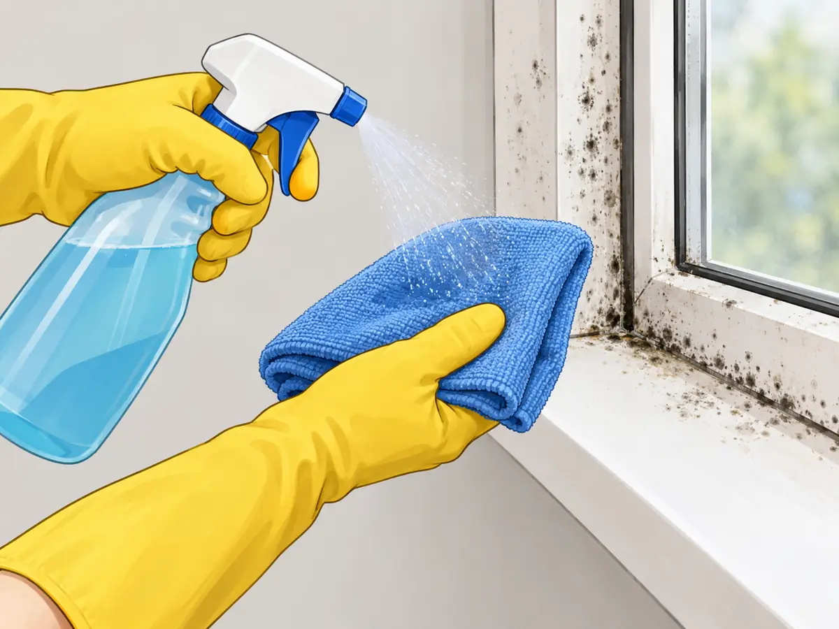 Spraying vinegar solution onto a cloth instead of the moldy window frame