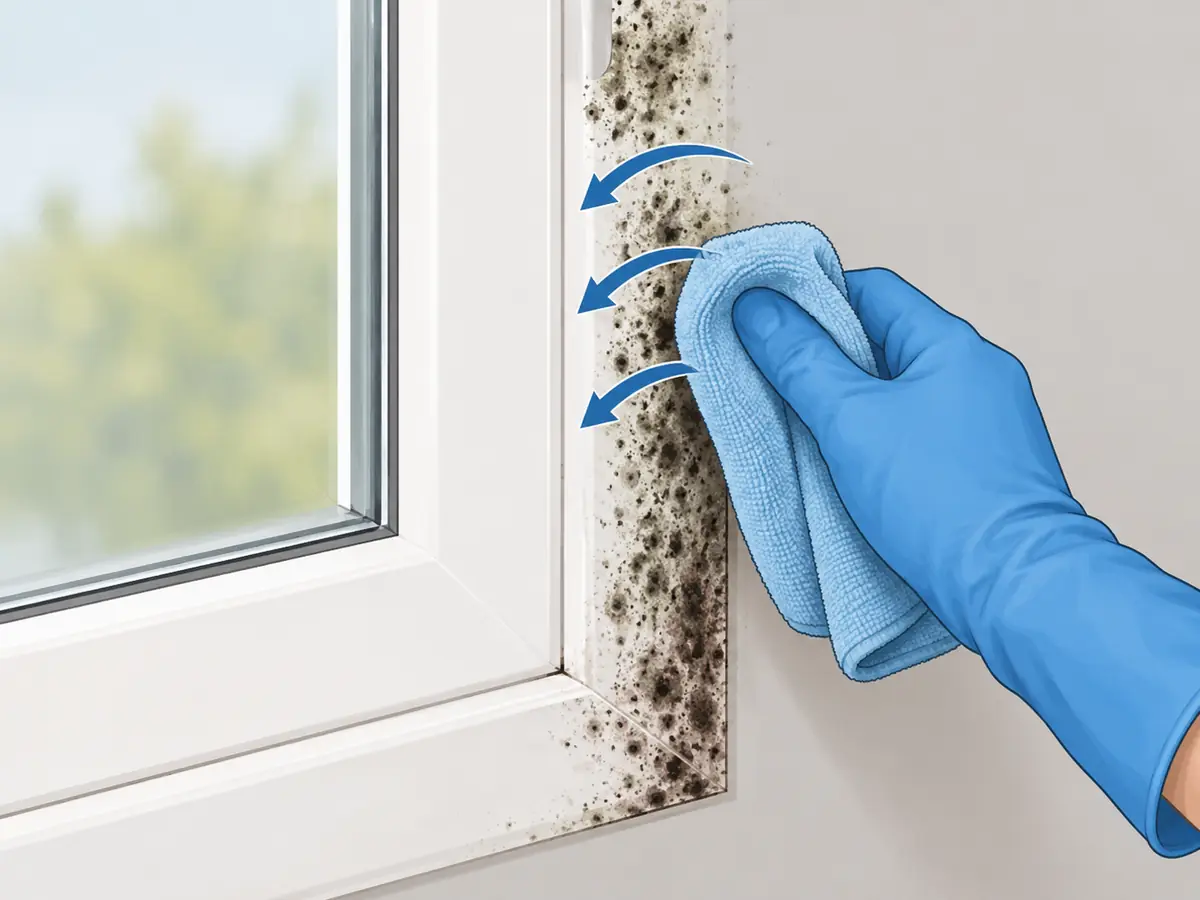 Wiping mold off a window frame from the outer edge toward the center