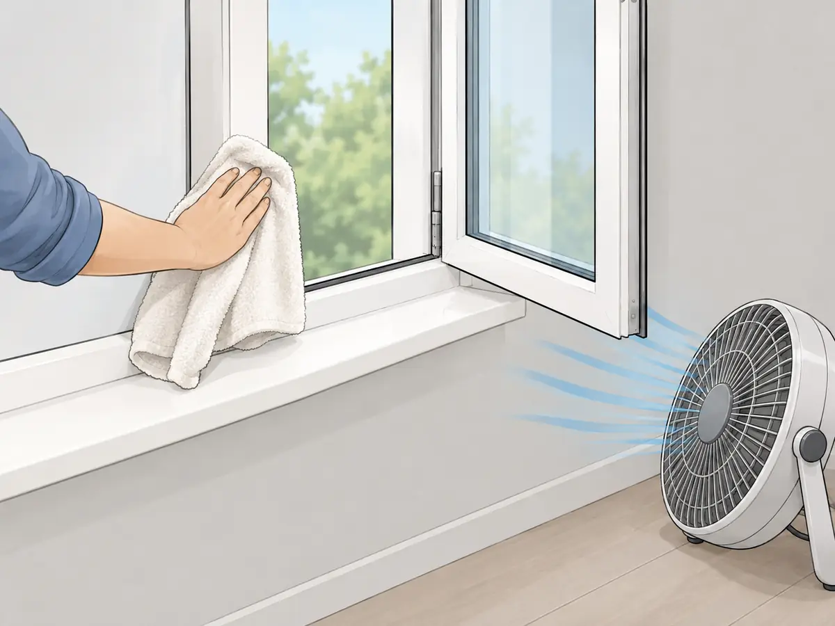 Drying a window after removing mold with a towel and fan