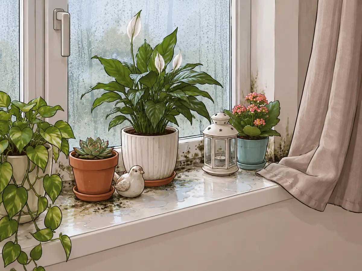Plants and clutter keeping a window sill damp