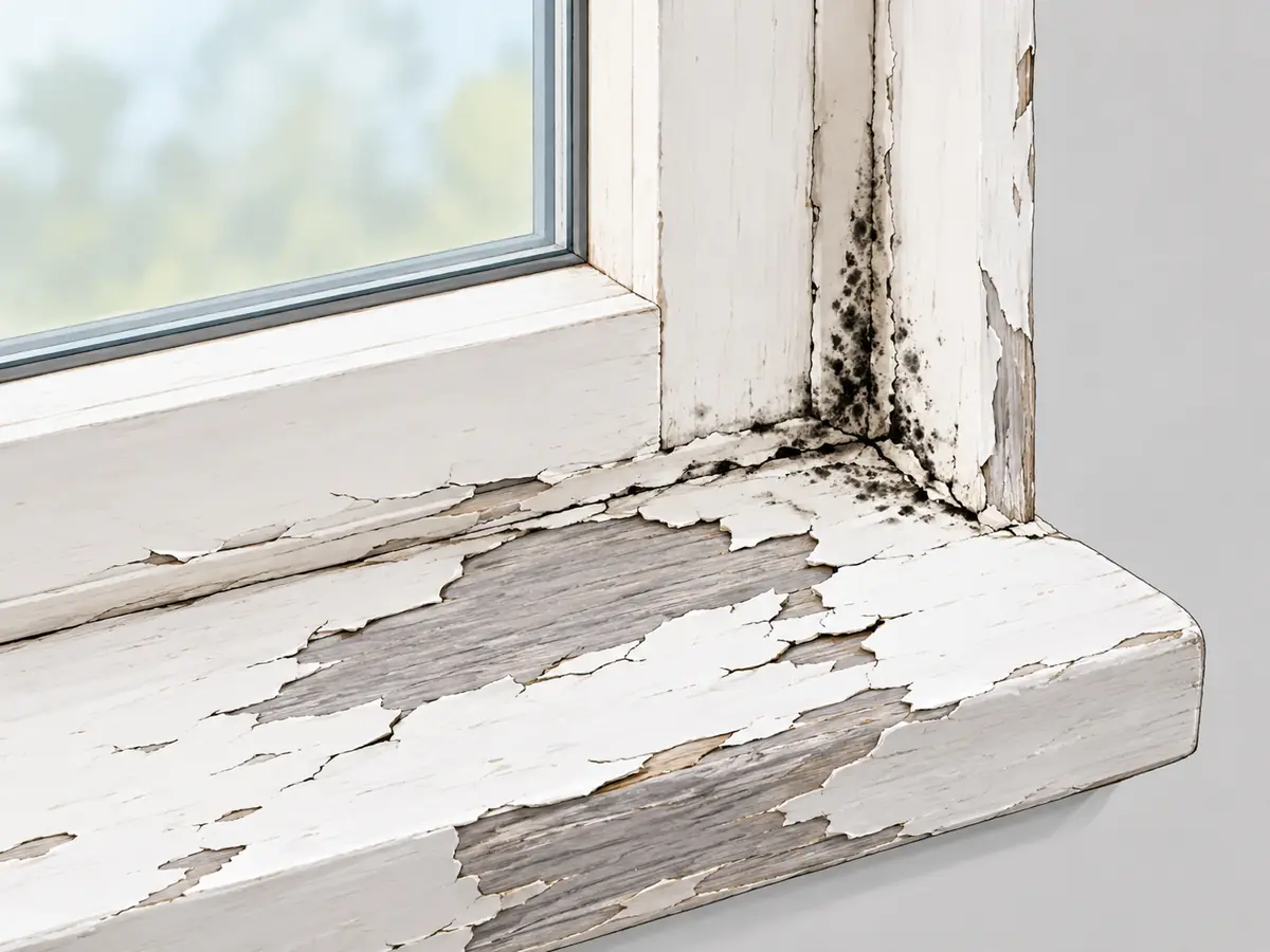 Peeling paint and cracked caulk on a moldy window sill