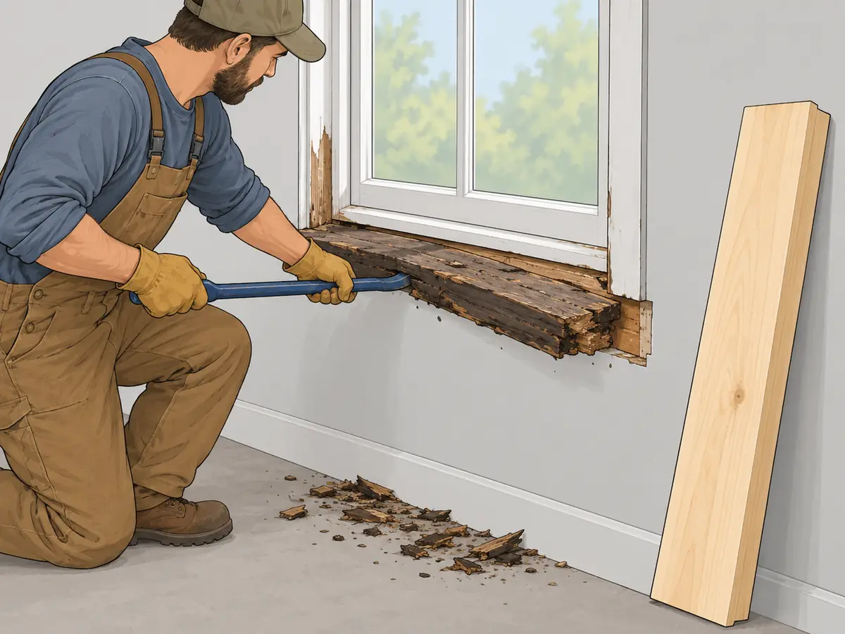 Carpenter replacing a rotten window sill