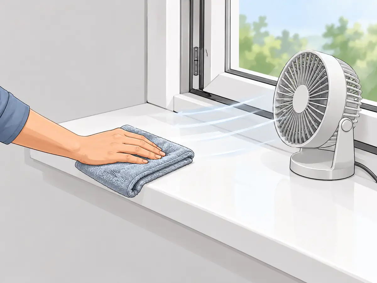 Drying a window sill with a towel and fan after removing mold