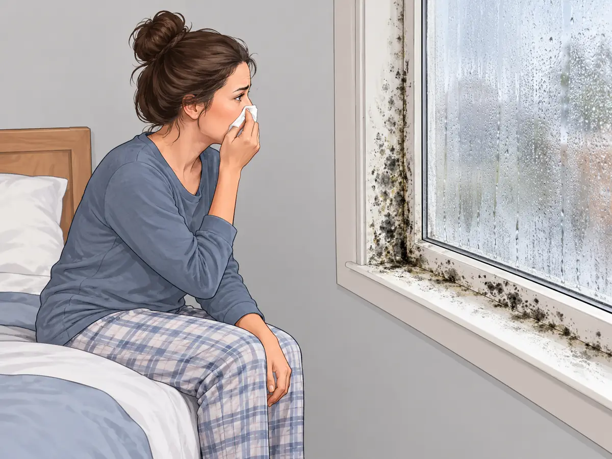 Person with a stuffy nose near a moldy bedroom window