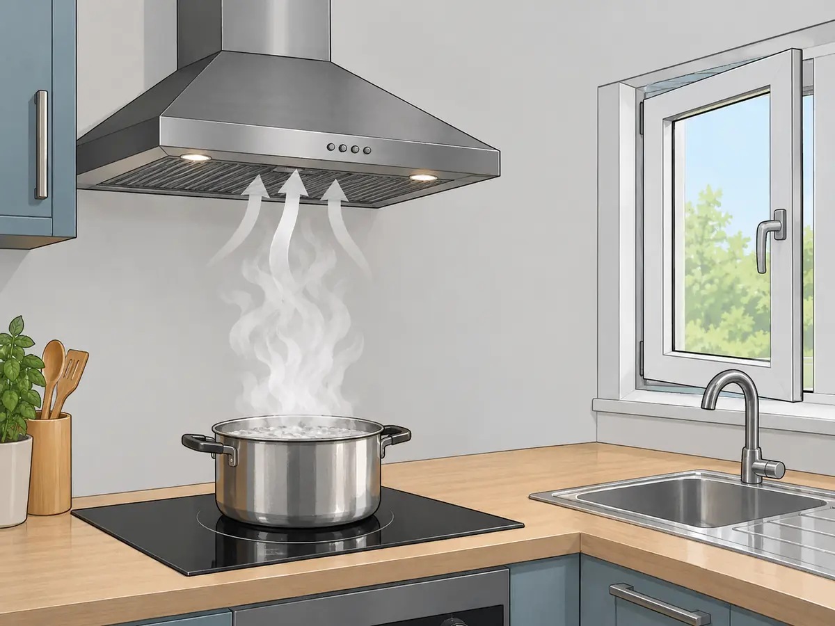 Range hood removing steam from a kitchen window