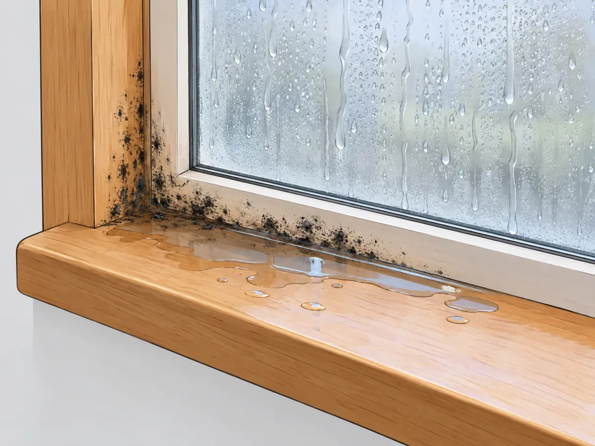 Black mold on a wooden window sill under condensation
