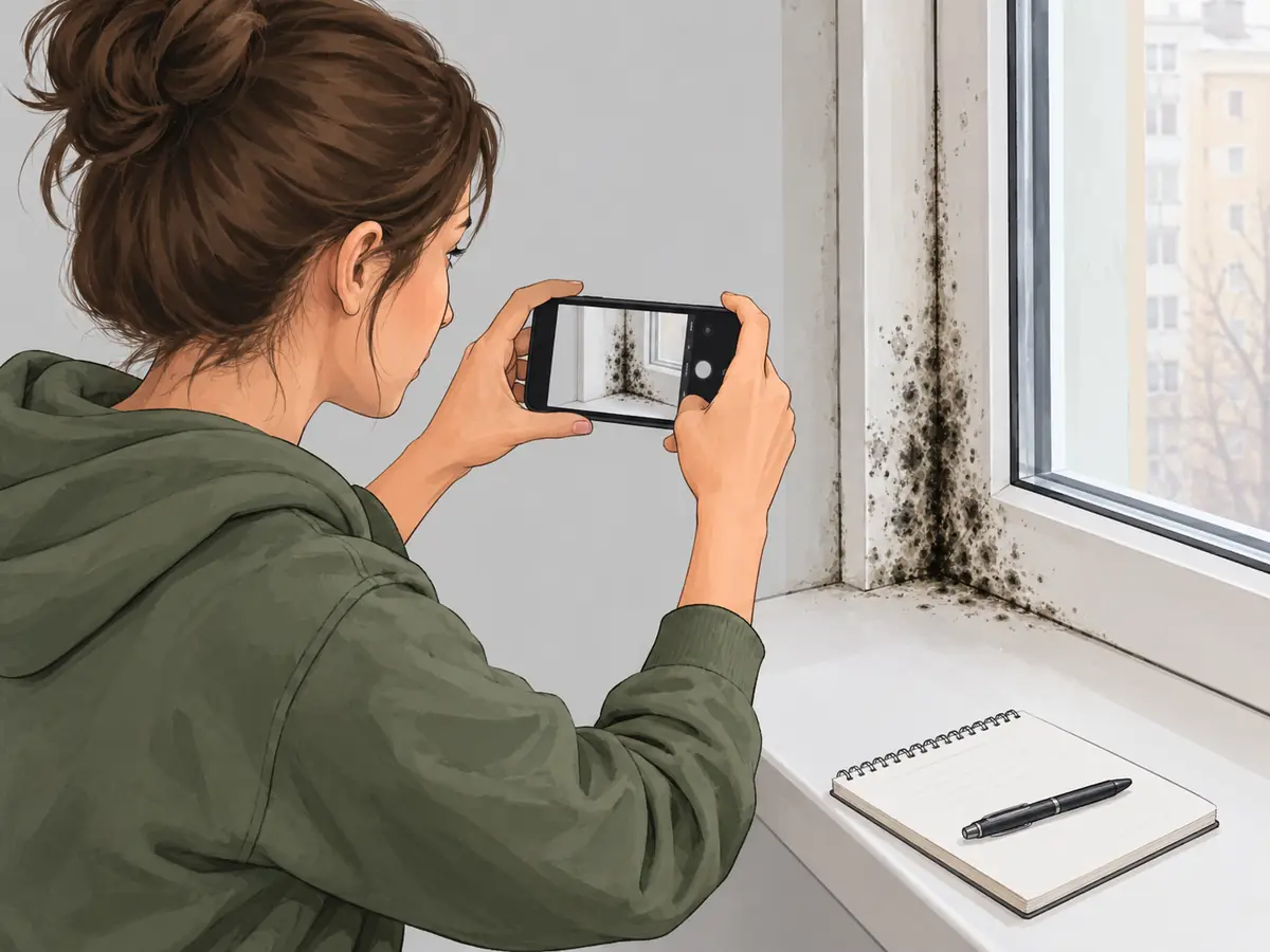 Renter photographing window mold to report to the landlord