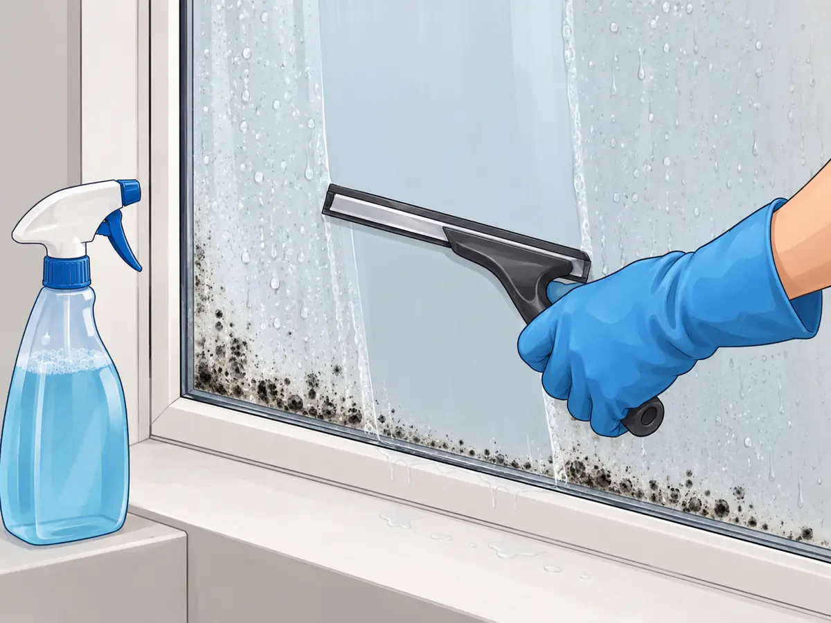 Cleaning mold off the bottom of window glass with spray and a squeegee