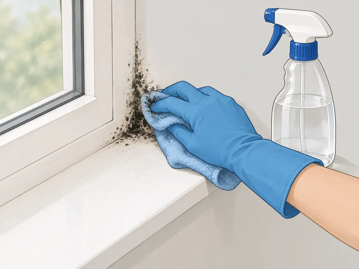 Wiping black mold off an interior window sill